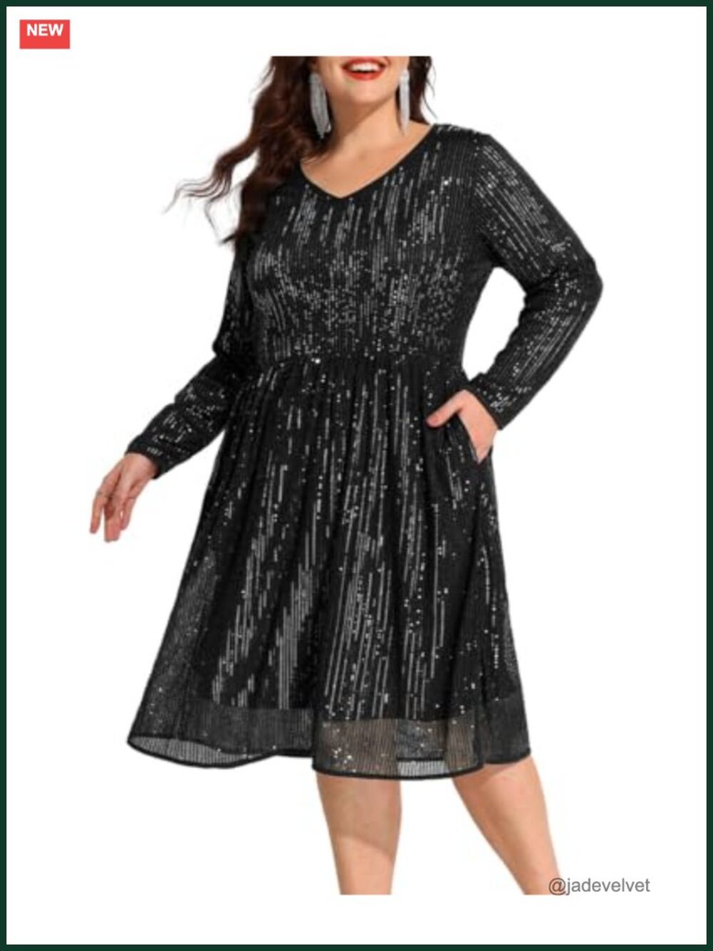 Plus Size Sequin Cocktail Dress Long Sleeve V-Neck Sparkle Party Evening